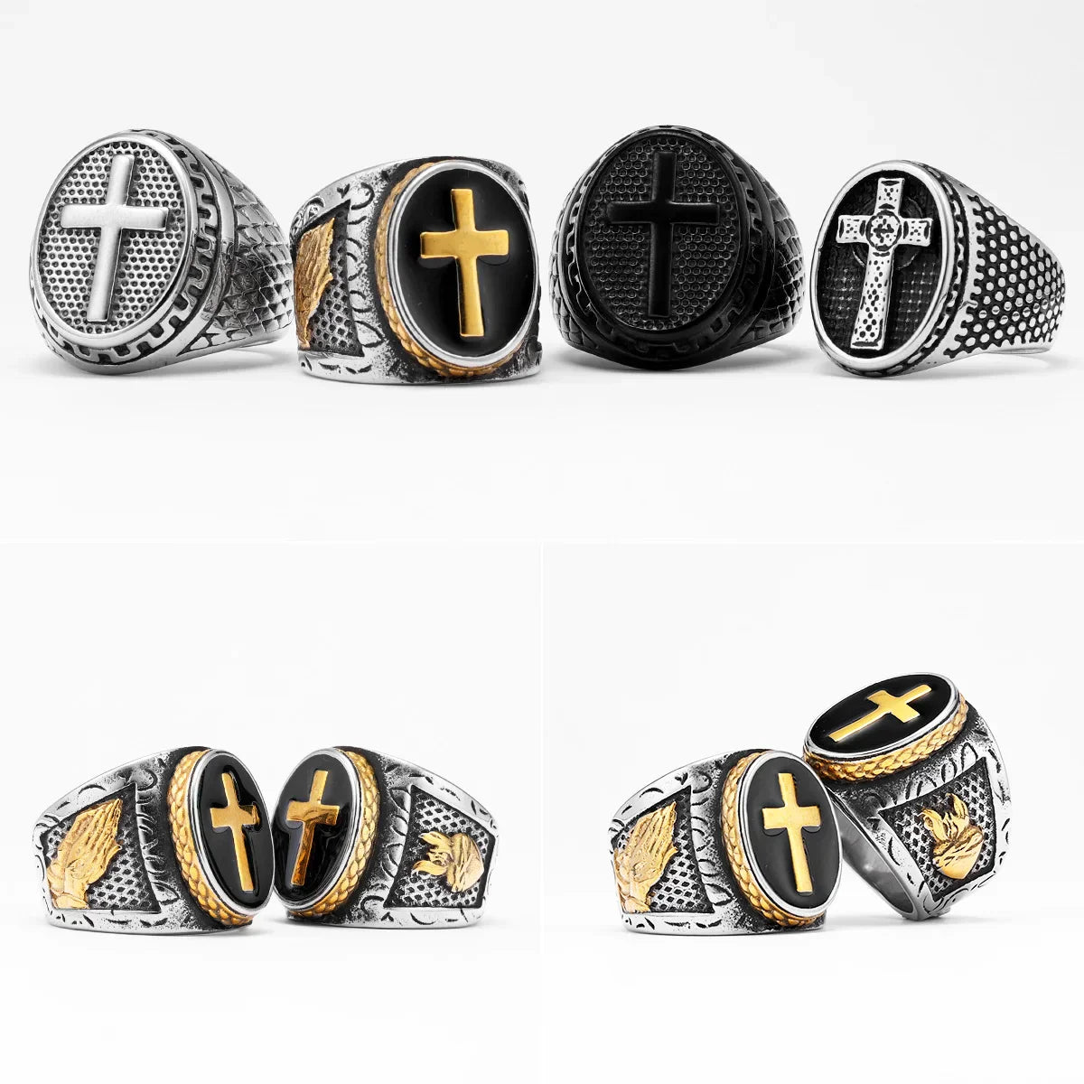 Praying Hands Cross Jesus Heart Men Rings Stainless Steel Punk Cool Stuff Fashion Accessories Jewelry For Women Gift