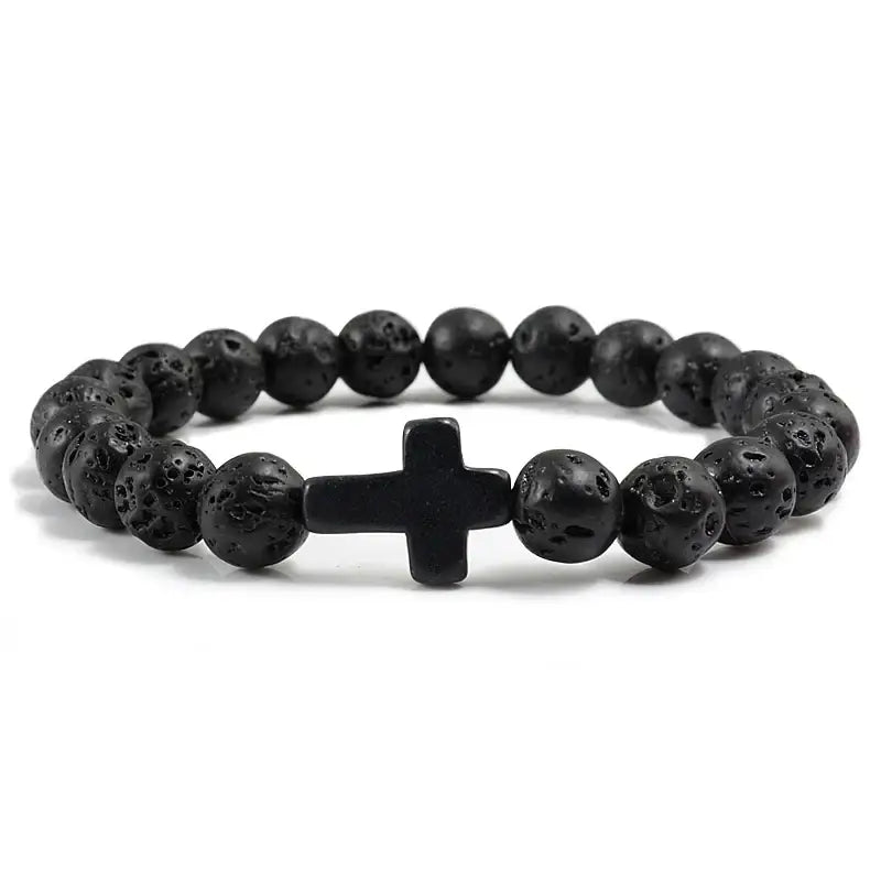 Fashion Jesus Cross Natural Stone Bracelets Charm Blue Pine Black Lava Matte Beaded Bangles Women Yoga Jewelry