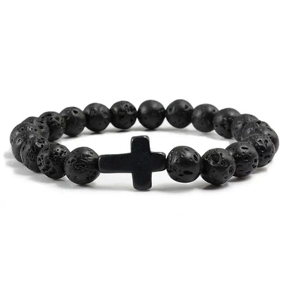 Fashion Jesus Cross Natural Stone Bracelets Charm Blue Pine Black Lava Matte Beaded Bangles Women Yoga Jewelry
