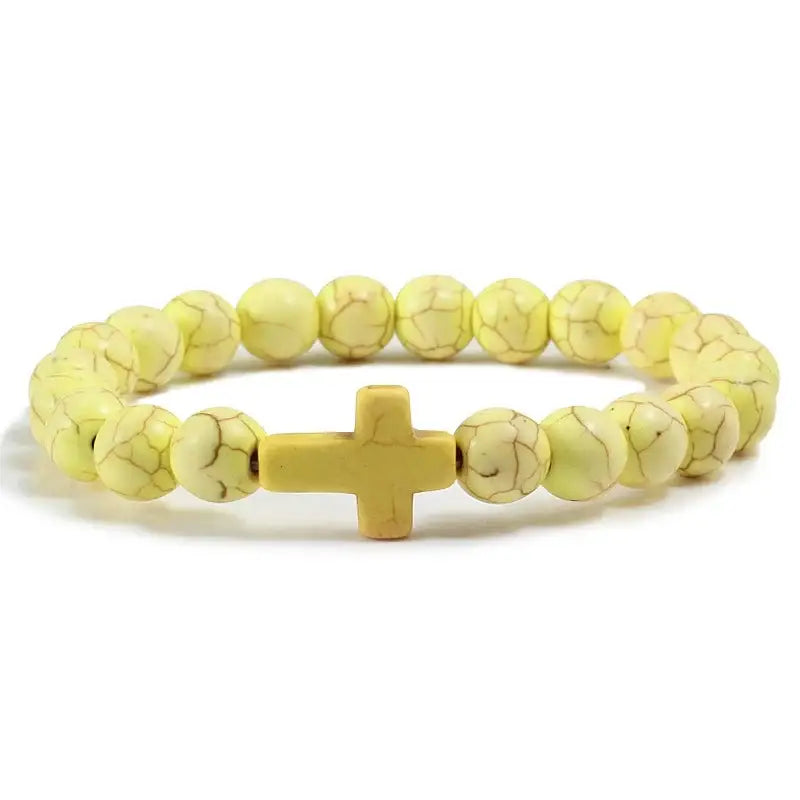 Fashion Jesus Cross Natural Stone Bracelets Charm Blue Pine Black Lava Matte Beaded Bangles Women Yoga Jewelry - Yellow