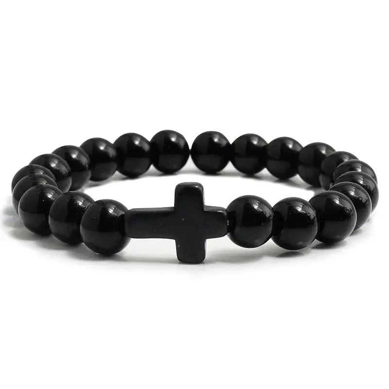 Fashion Jesus Cross Natural Stone Bracelets Charm Blue Pine Black Lava Matte Beaded Bangles Women Yoga Jewelry - Bright