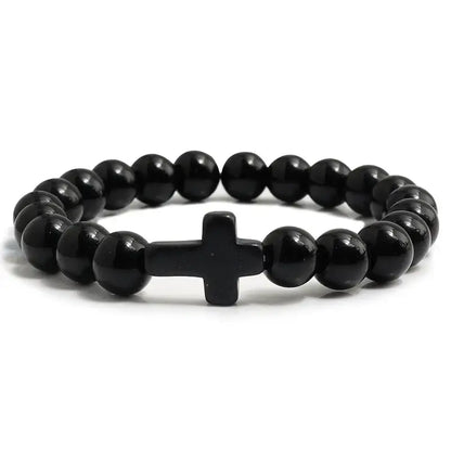 Fashion Jesus Cross Natural Stone Bracelets Charm Blue Pine Black Lava Matte Beaded Bangles Women Yoga Jewelry - Bright