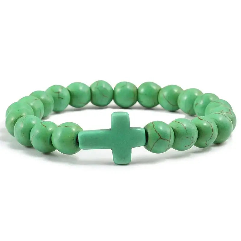Fashion Jesus Cross Natural Stone Bracelets Charm Blue Pine Black Lava Matte Beaded Bangles Women Yoga Jewelry - Green