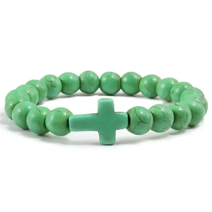 Fashion Jesus Cross Natural Stone Bracelets Charm Blue Pine Black Lava Matte Beaded Bangles Women Yoga Jewelry - Green