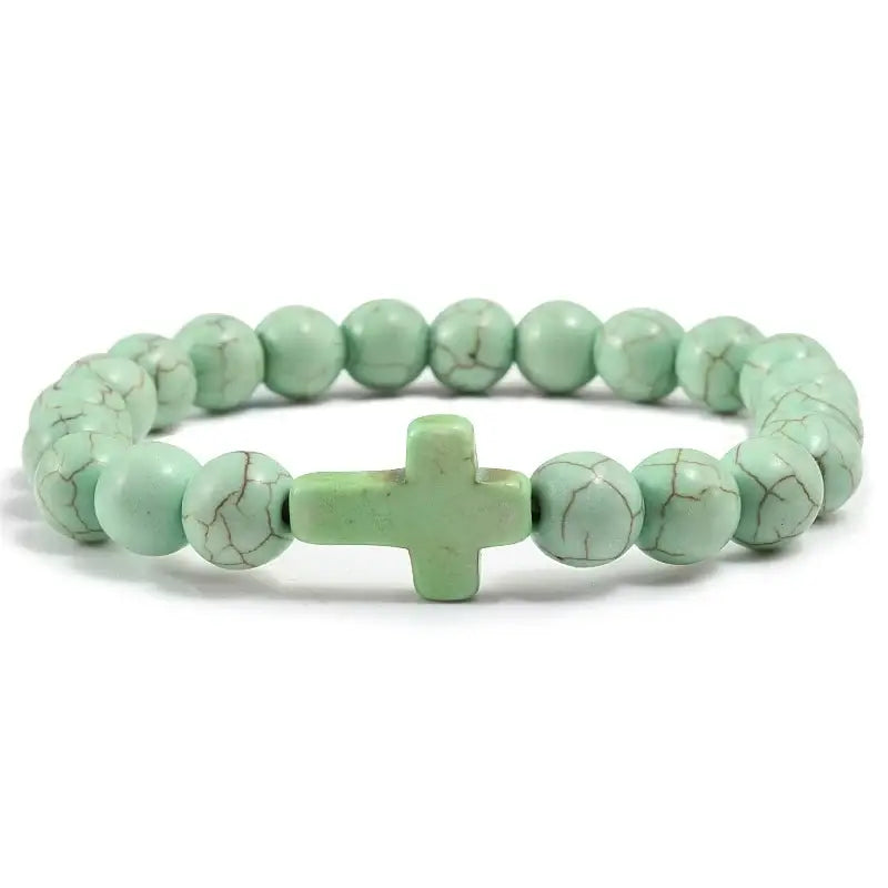 Fashion Jesus Cross Natural Stone Bracelets Charm Blue Pine Black Lava Matte Beaded Bangles Women Yoga Jewelry - Apple