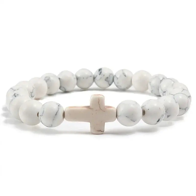 Fashion Jesus Cross Natural Stone Bracelets Charm Blue Pine Black Lava Matte Beaded Bangles Women Yoga Jewelry - black