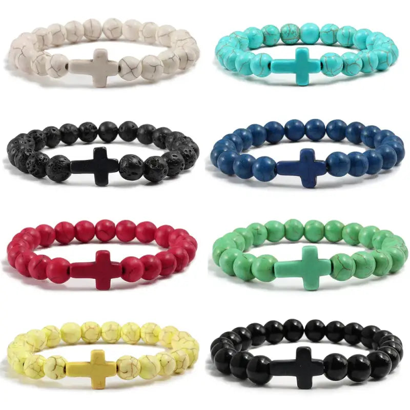 Fashion Jesus Cross Natural Stone Bracelets Charm Blue Pine Black Lava Matte Beaded Bangles Women Yoga Jewelry