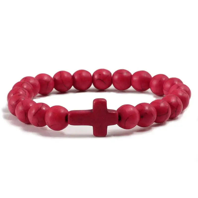 Fashion Jesus Cross Natural Stone Bracelets Charm Blue Pine Black Lava Matte Beaded Bangles Women Yoga Jewelry - Red
