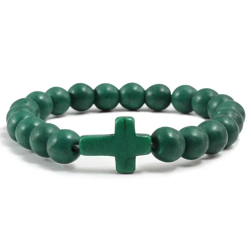 Fashion Jesus Cross Natural Stone Bracelets Charm Blue Pine Black Lava Matte Beaded Bangles Women Yoga Jewelry - Dark