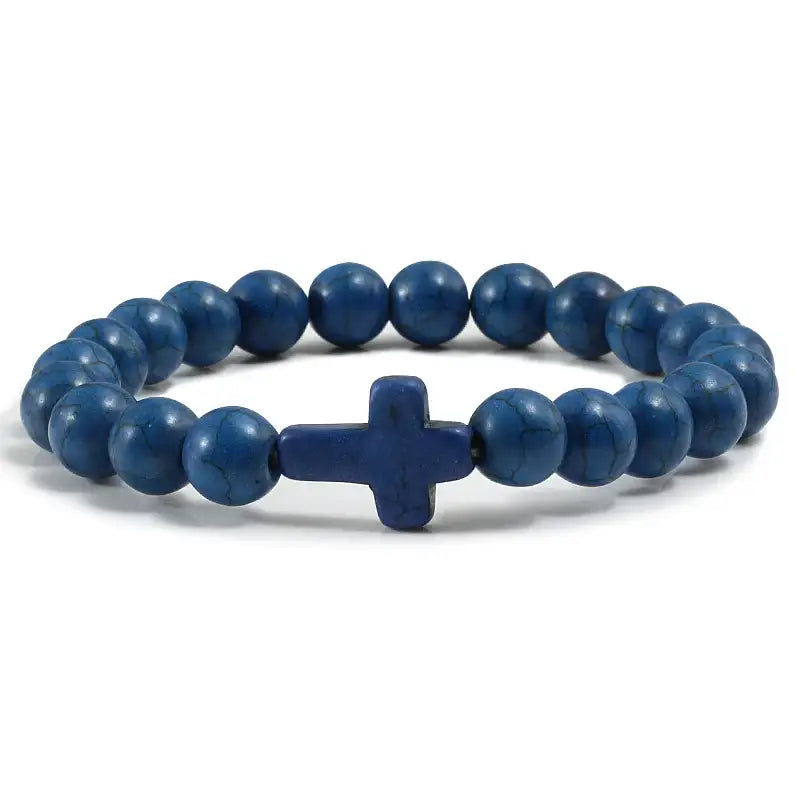 Fashion Jesus Cross Natural Stone Bracelets Charm Blue Pine Black Lava Matte Beaded Bangles Women Yoga Jewelry - Dark