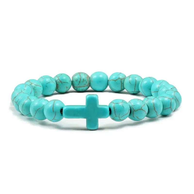 Fashion Jesus Cross Natural Stone Bracelets Charm Blue Pine Black Lava Matte Beaded Bangles Women Yoga Jewelry