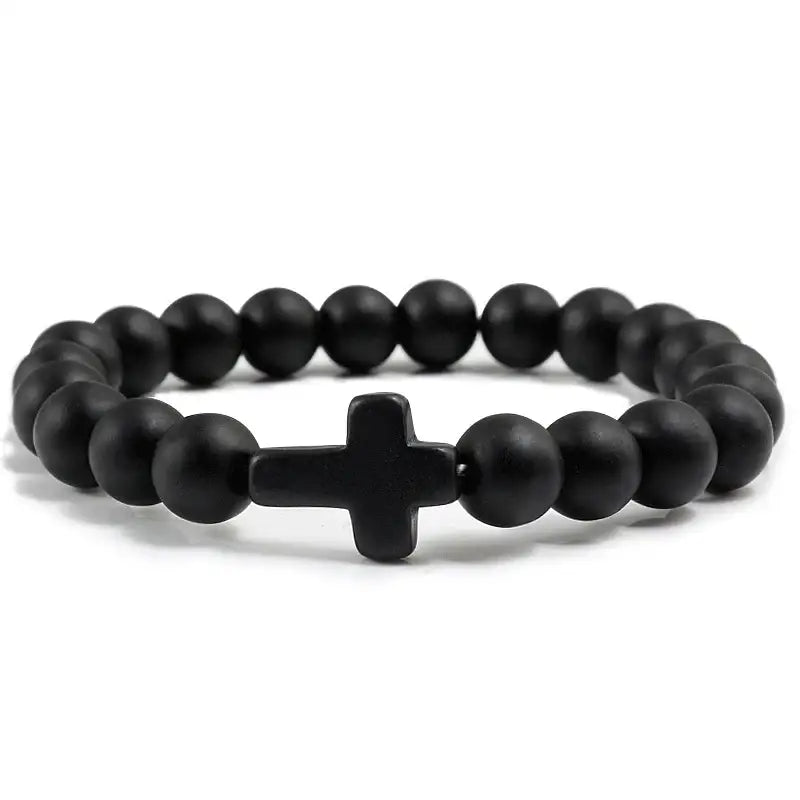 Fashion Jesus Cross Natural Stone Bracelets Charm Blue Pine Black Lava Matte Beaded Bangles Women Yoga Jewelry
