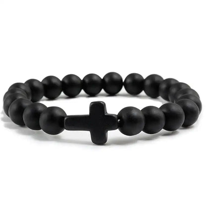 Fashion Jesus Cross Natural Stone Bracelets Charm Blue Pine Black Lava Matte Beaded Bangles Women Yoga Jewelry