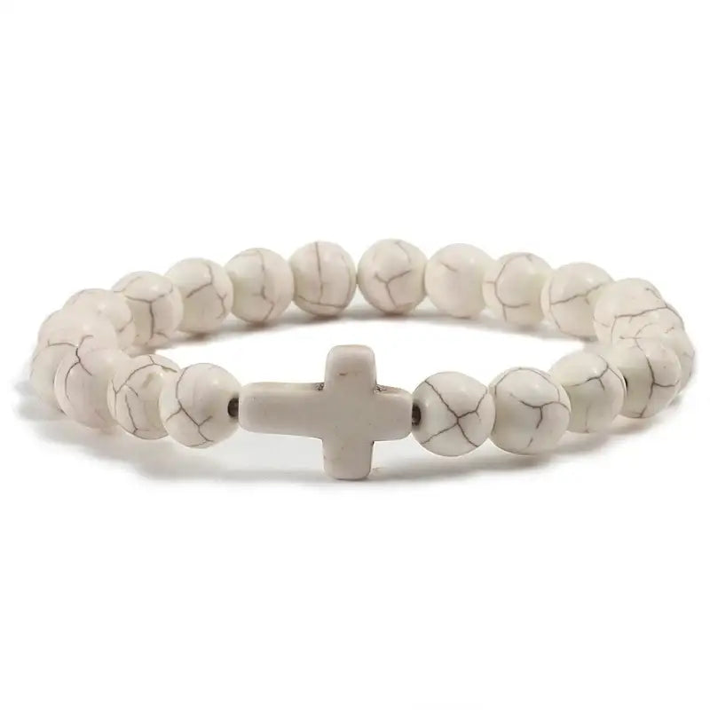 Fashion Jesus Cross Natural Stone Bracelets Charm Blue Pine Black Lava Matte Beaded Bangles Women Yoga Jewelry - White
