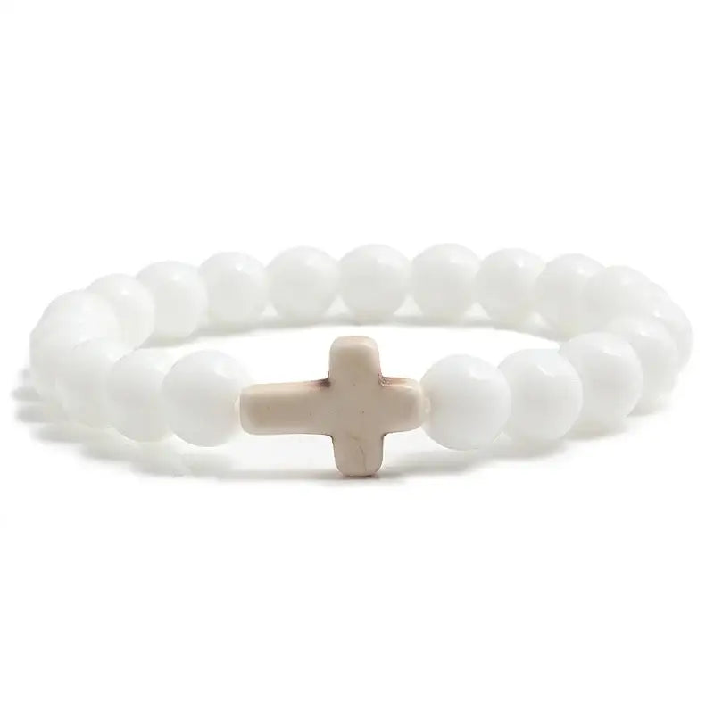 Fashion Jesus Cross Natural Stone Bracelets Charm Blue Pine Black Lava Matte Beaded Bangles Women Yoga Jewelry - White