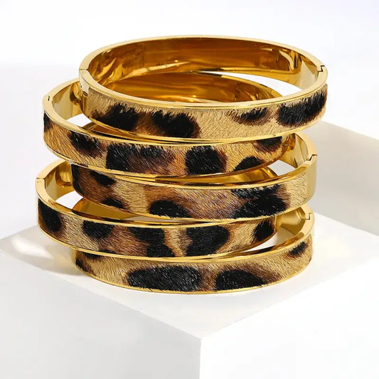 Flashbuy Gold Color Random Pattern Leopard Bangle Bracelet For Women Statement 18K Stainless Steel Wrist Fashion