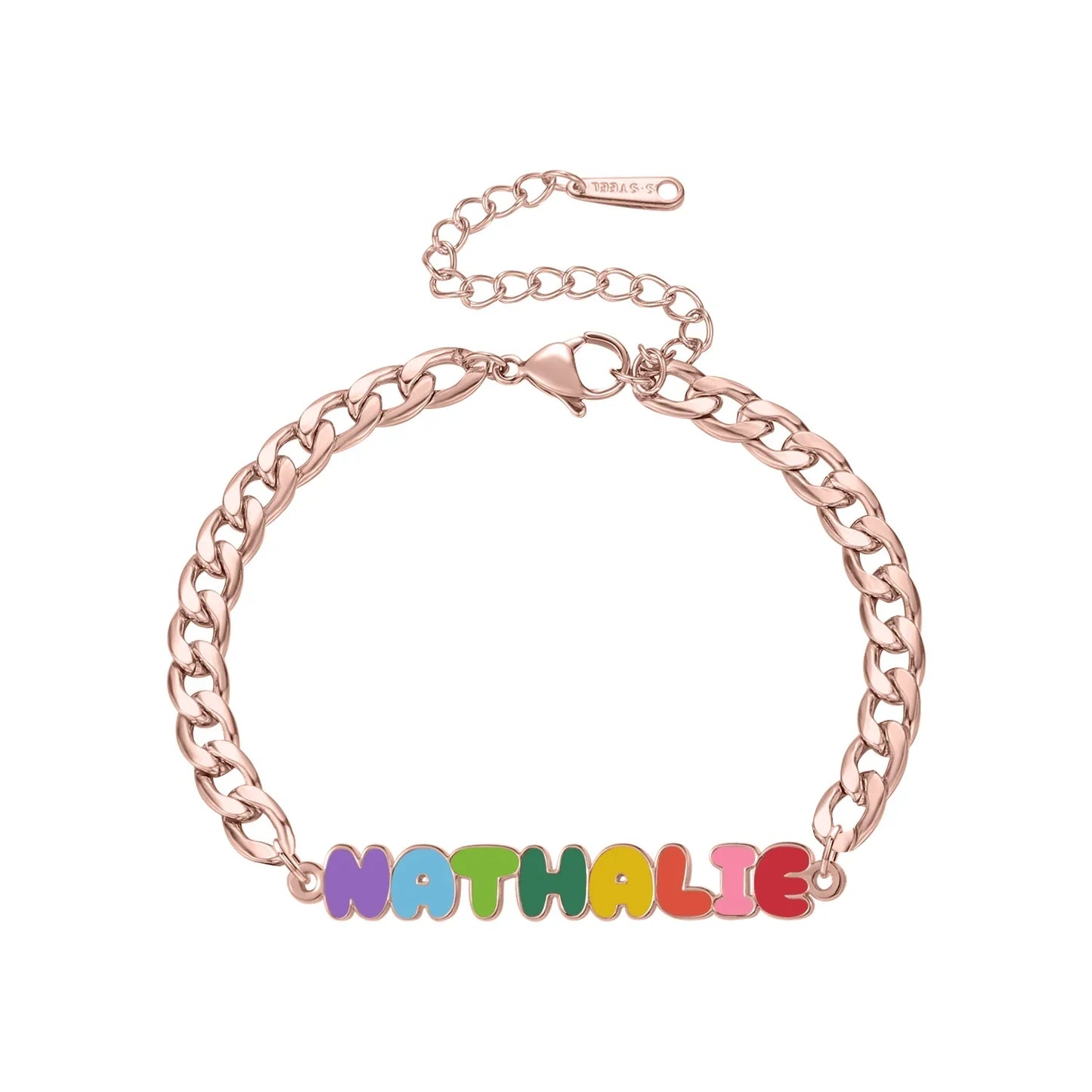 Custom Rainbow Enamel Name Bracelets Kids Cuban Chain Stainless Steel Bracelet Christmas Gifts for Daughter - Rose Gold