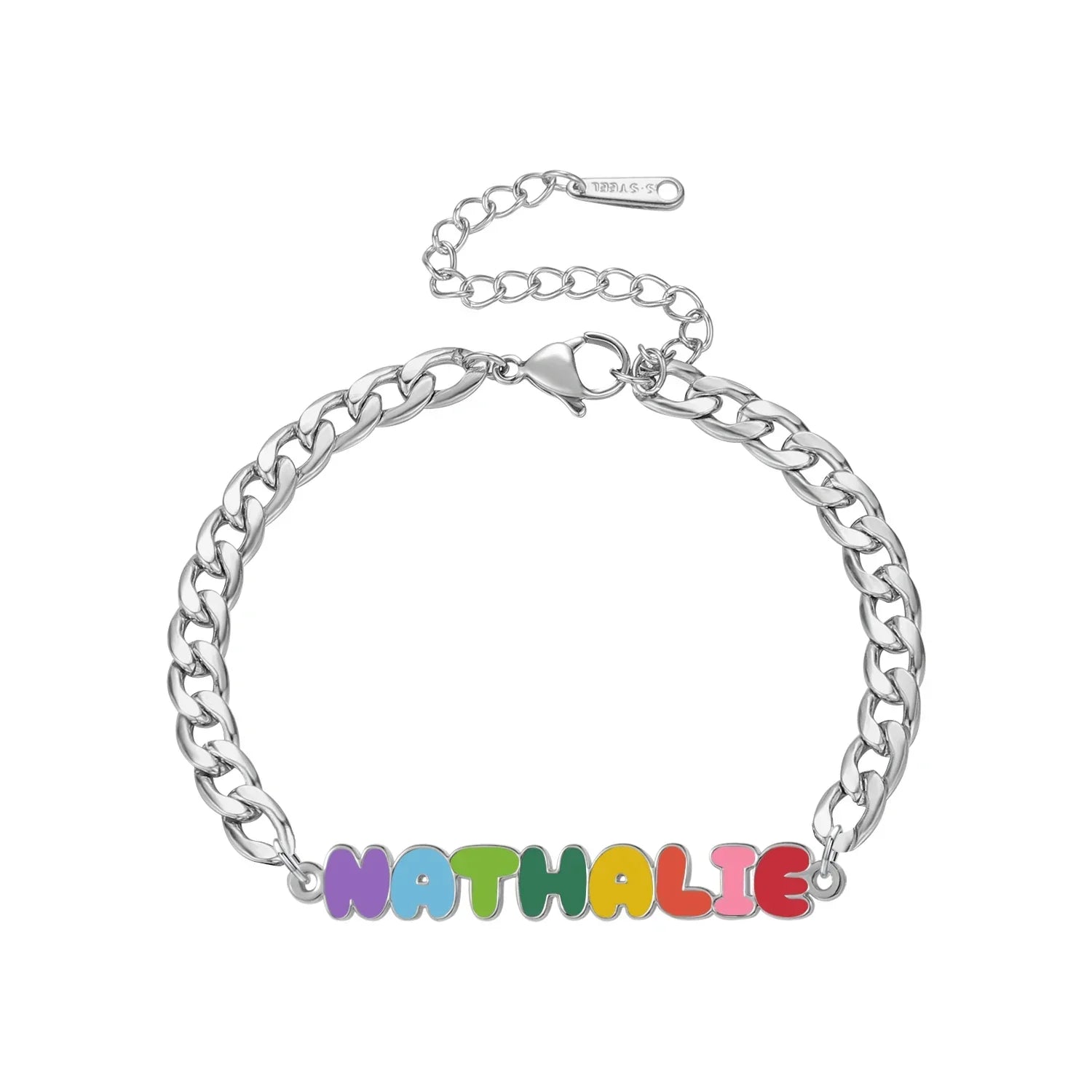 Custom Rainbow Enamel Name Bracelets Kids Cuban Chain Stainless Steel Bracelet Christmas Gifts for Daughter - Silver