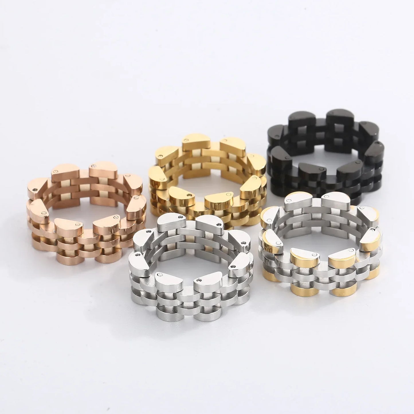 8mm Watch Band Shaped Ring for Men Gold Color Stainless Steel Punk Finger Rock Gothic Hiphop Boy Jewelry