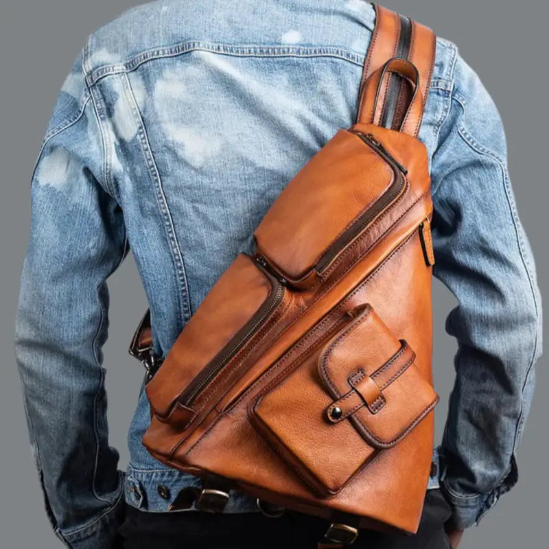 Men’s Chest Bag Genuine Leather Man Single Shoulder Messenger Male Sling Pack 2 Use Travel Backpack Summer Bags