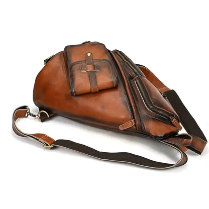 Genuine Cowhide Vintage Leather Brown Chest Bag for Men - Brown - Man Purse