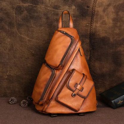 Men’s Chest Bag Genuine Leather Man Single Shoulder Messenger Male Sling Pack 2 Use Travel Backpack Summer Bags