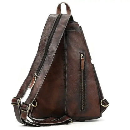 Genuine Cowhide Vintage Leather Chest Bag for Men - Roasted Walnut - Man Purse