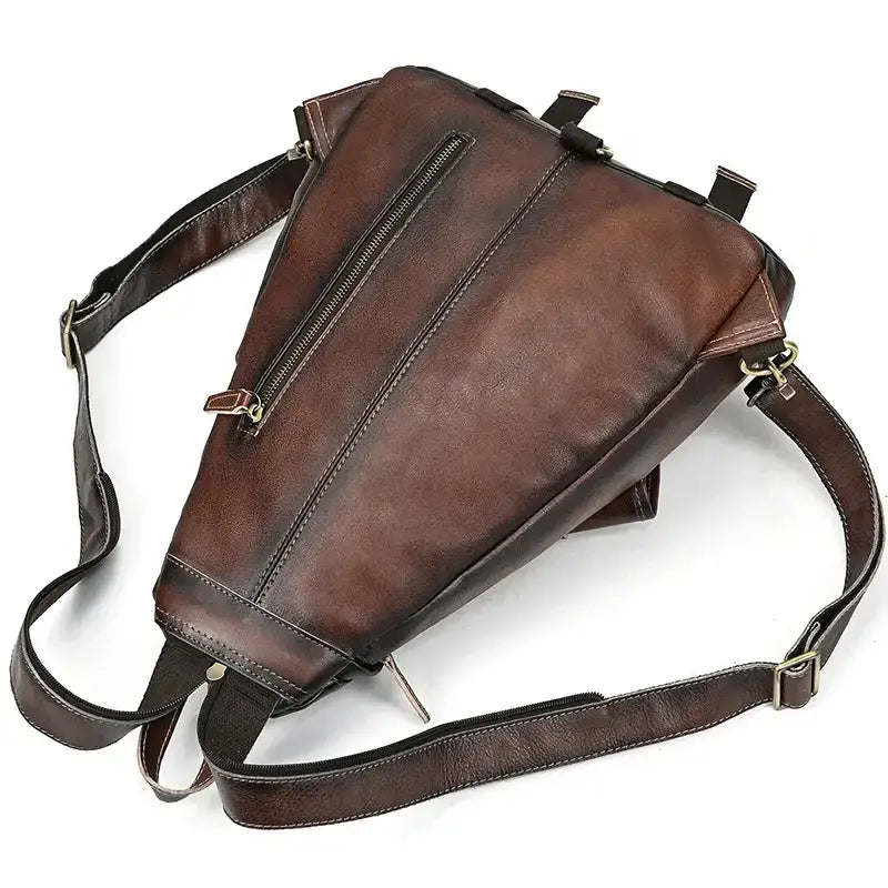 Genuine Cowhide Vintage Leather Chest Bag for Men - Roasted Walnut - Man Purse