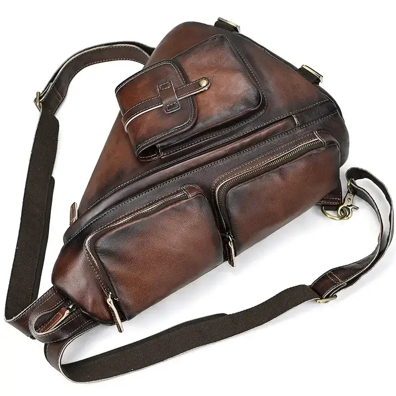 Genuine Cowhide Vintage Leather Chest Bag for Men - Roasted Walnut - Man Purse