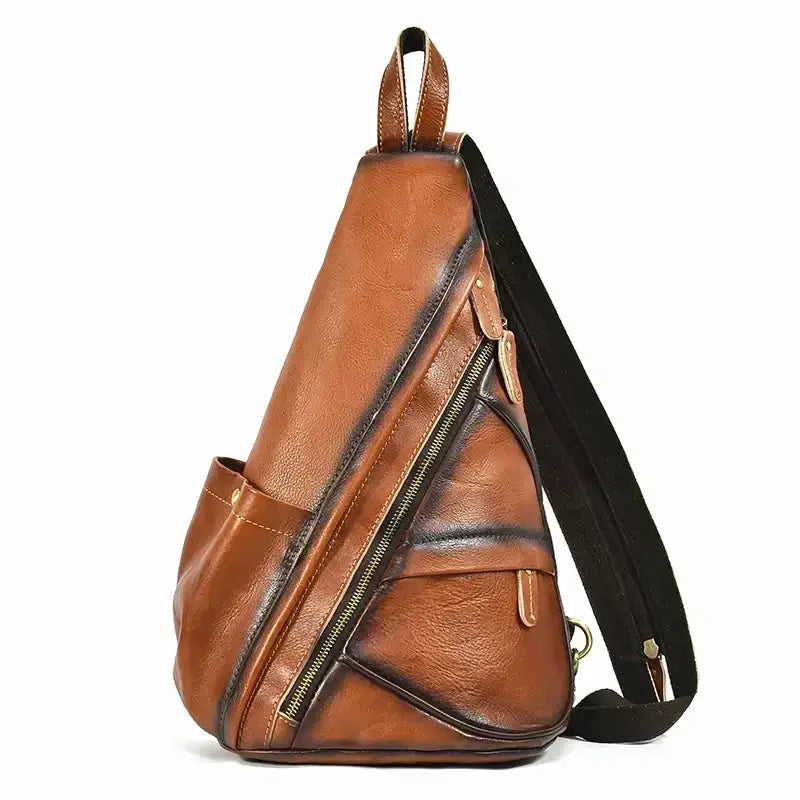 Genuine Cowhide Retro Leather Sling Pack for Men - Roasted Hazelnut