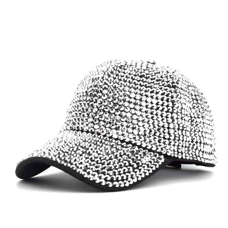 Sequined Rhinestone Pearl Baseball Cap for Women Snapback Hip Hop Hat Party Club - WHITE / One Size