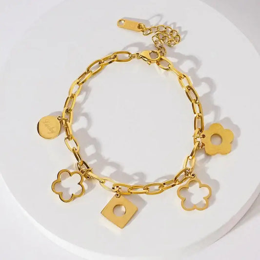 Gold Charm Bracelet with Geometric and Clover Charms - Gold