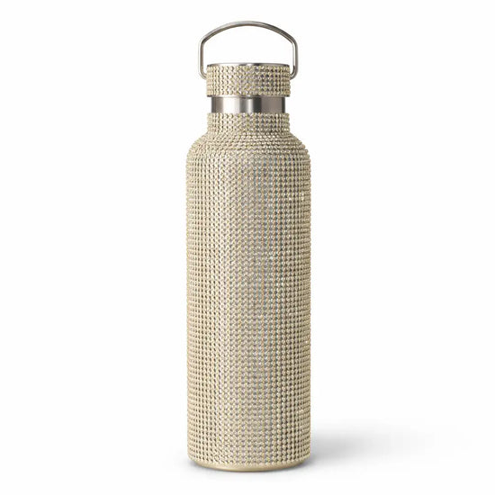 A sparkling gold rhinestone-encrusted insulated water bottle with a sleek metallic handle and cap.