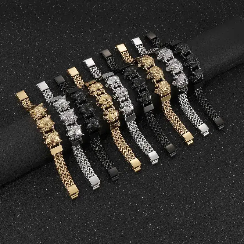 12mm Punk Gold Color Double Mesh Chain Lion Bracelet Men Women Hiphop Stainless Steel Luxury Bike Viking Wolf Bangle