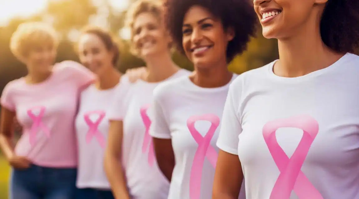 Group of women wearing breast cancer awareness shirts