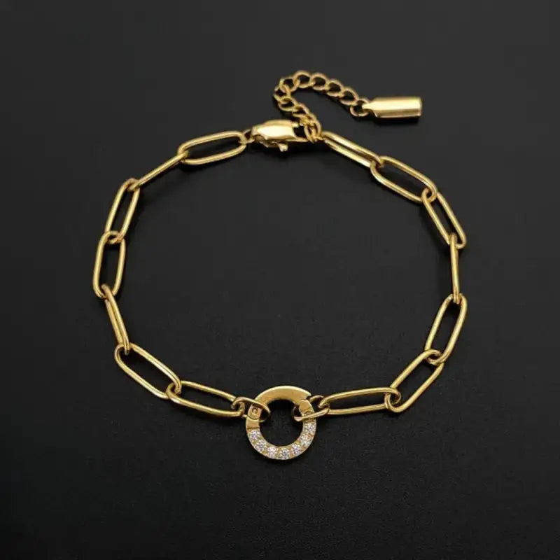 Haven Links Paperclip Bracelet Circle Diamonds Gold Jewelry