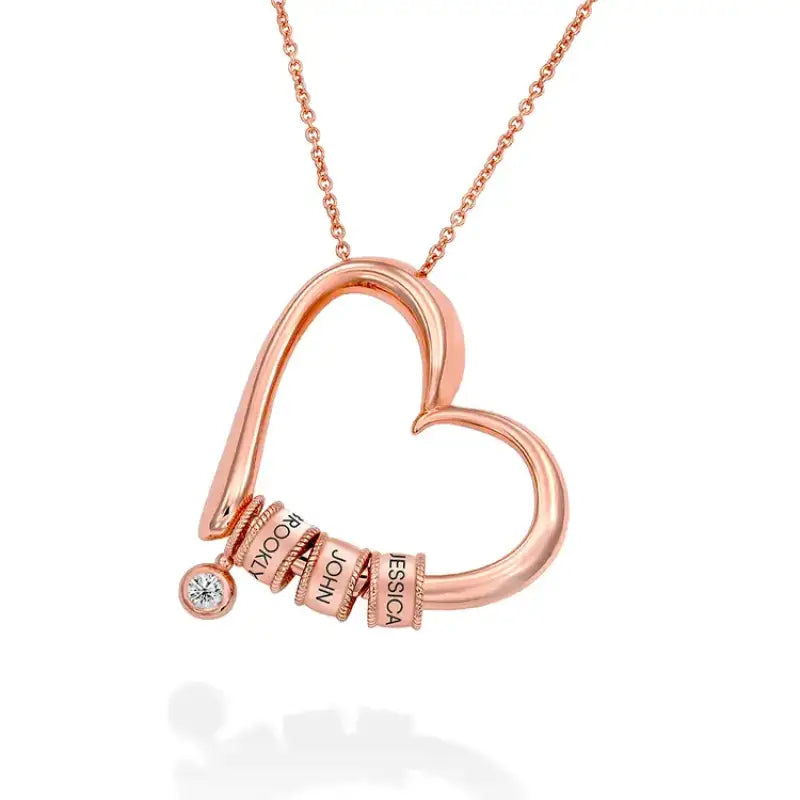 Dangling CZ Hollow Heart Custom Name Pendant: Hold Loved Ones Close - Rose Gold / 1 Name / 16in