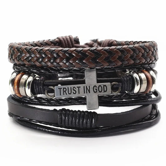 3 Pcs/Set Leather Bracelets Men Bangles For Women Wood Beads Feather TRUST IN GOD Cross Charm Homme Gift Jewelry Freely