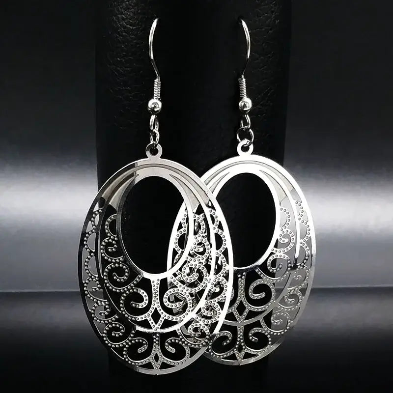 -Long Bohemian Stainless Steel Drop Earrings for Women Hollow Silver Color Big pendientes largos E4122S01 - D