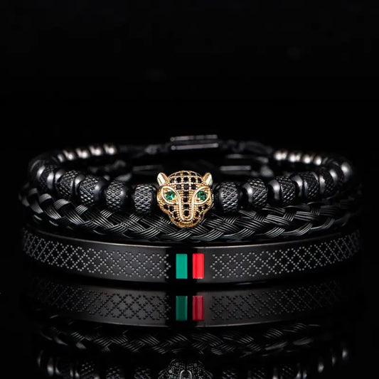 Luxury Handmade Braiding Bracelet Men Pave CZ Leopard Head Enamel Green Red Bracelet Stainless Steel Jewelry Dropshipping