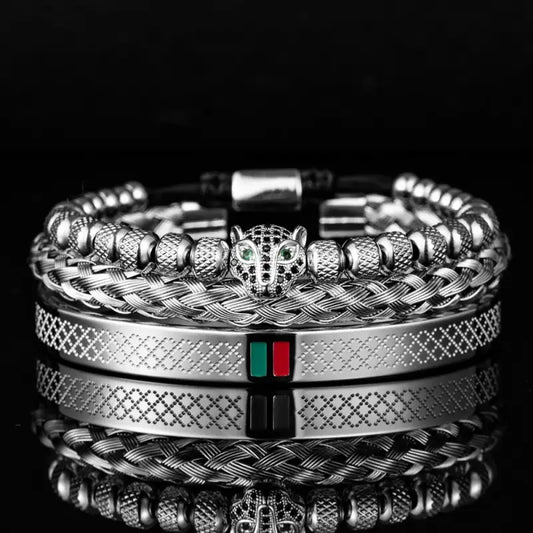 Luxury Handmade Braiding Bracelet Men Pave CZ Leopard Head Enamel Green Red Bracelet Stainless Steel Jewelry Dropshipping