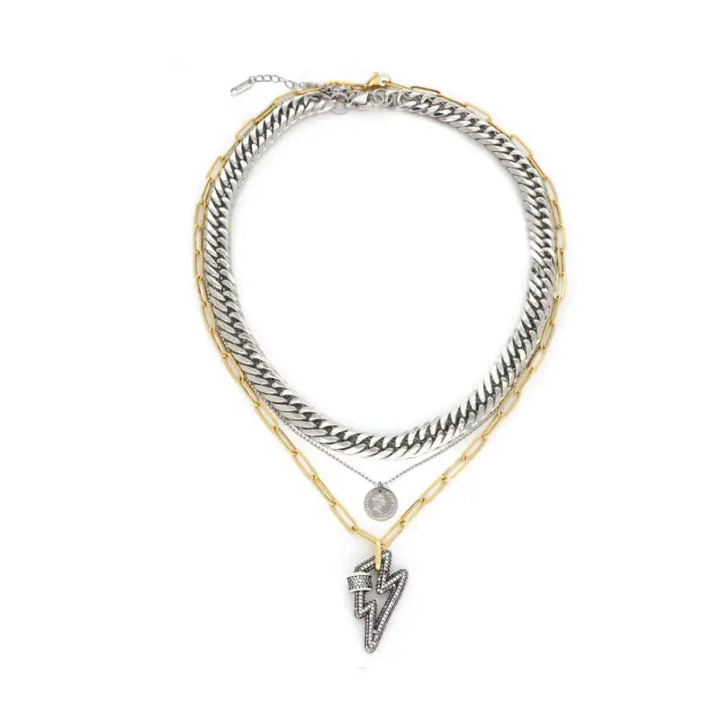 Multi Layered Stainless Steel Cuban Chains Queen Pendant 18K Gold Plated Paper Clip Chain Lightning Charm Necklace YF3620