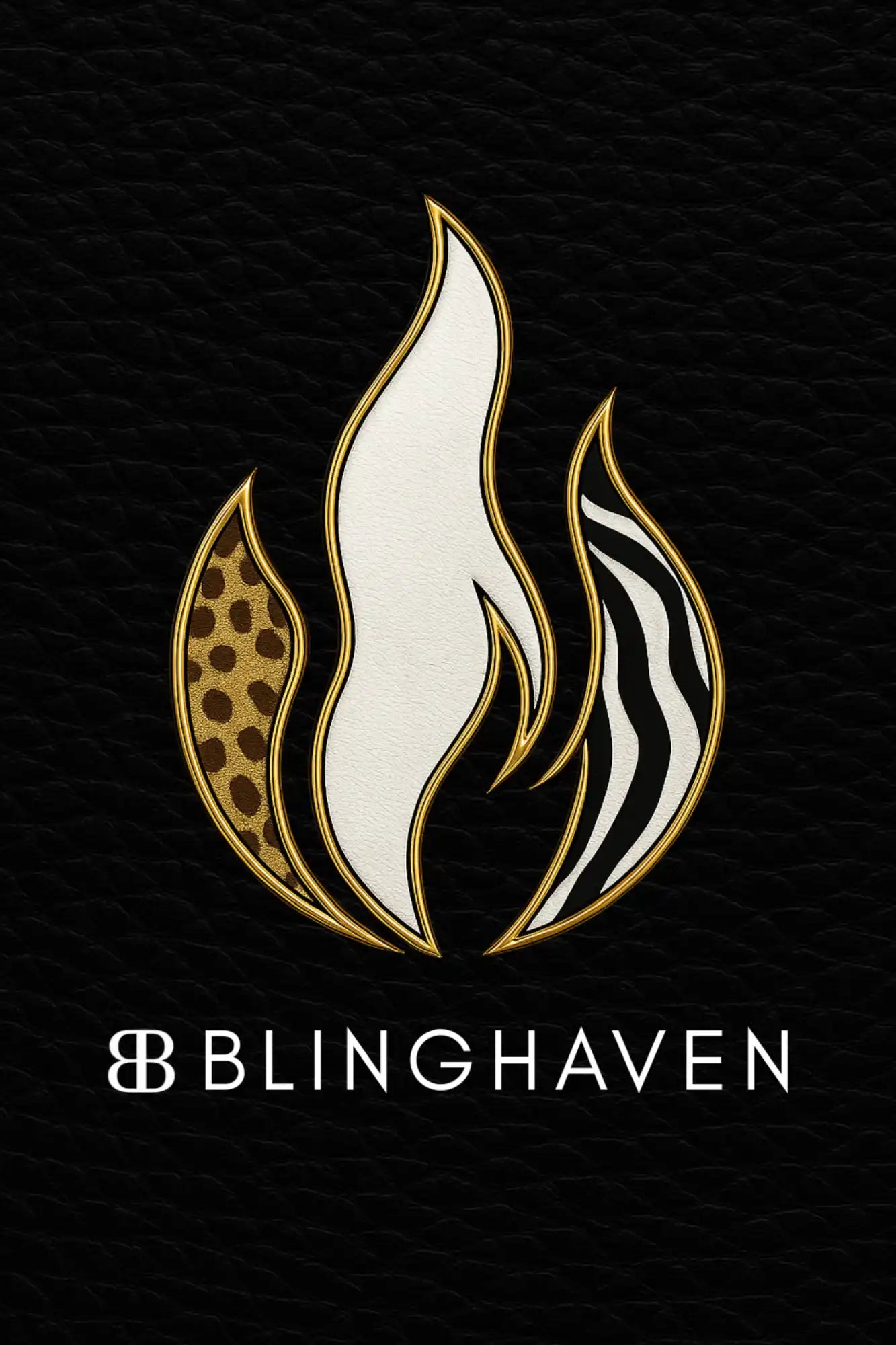 A logo featuring a stylized flame with animal print patterns and a gold outline.