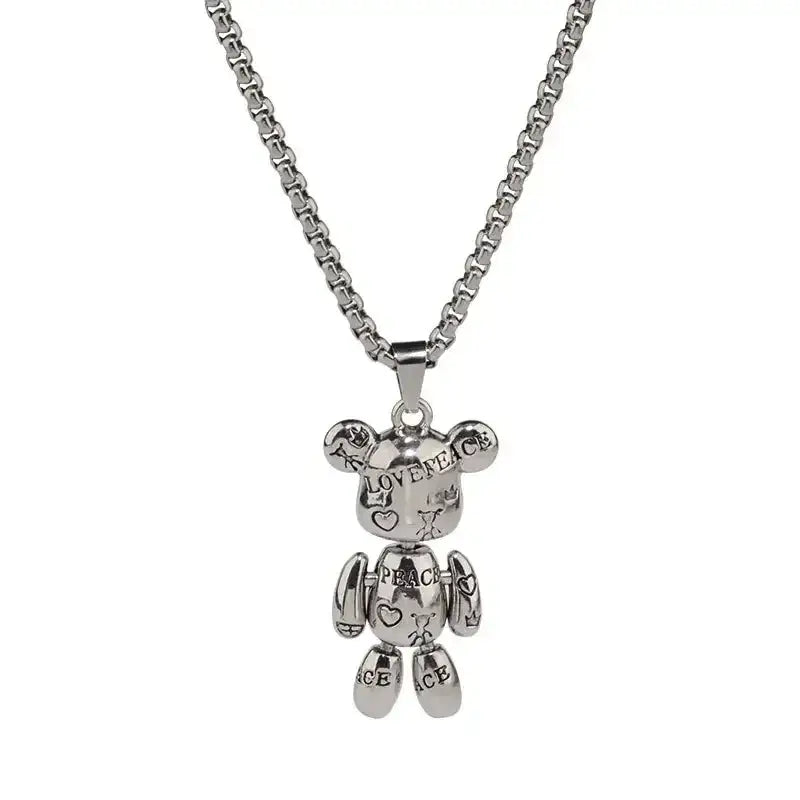 Rotatable Bear Doll Pendant Stainless Steel Necklace Men and Women Hip-hop Personality Simple Cartoon Sweater Chain