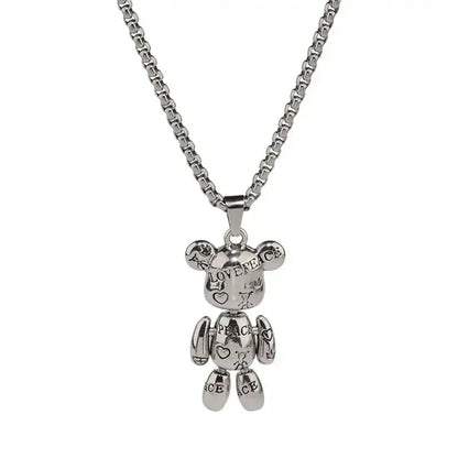 Rotatable Bear Doll Pendant Stainless Steel Necklace Men and Women Hip-hop Personality Simple Cartoon Sweater Chain