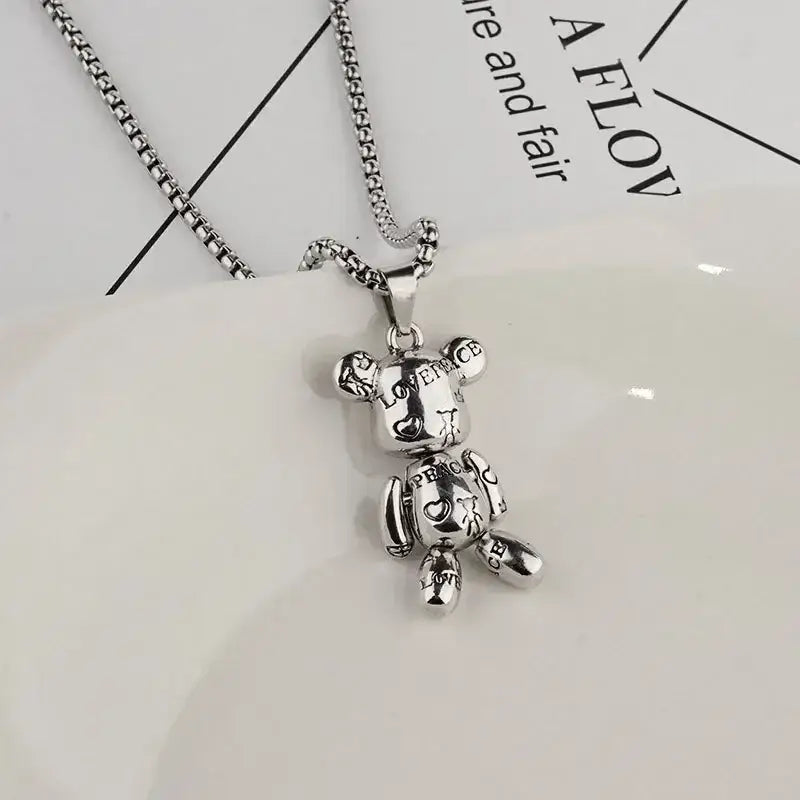 Rotatable Bear Doll Pendant Stainless Steel Necklace Men and Women Hip-hop Personality Simple Cartoon Sweater Chain