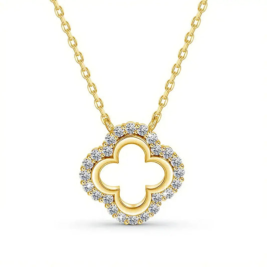 Luxury Yellow Gold Four Leaf Clover Necklace With Stones Moissanite Pendant DVVS1 High Quality Jewelry Gift For Girl