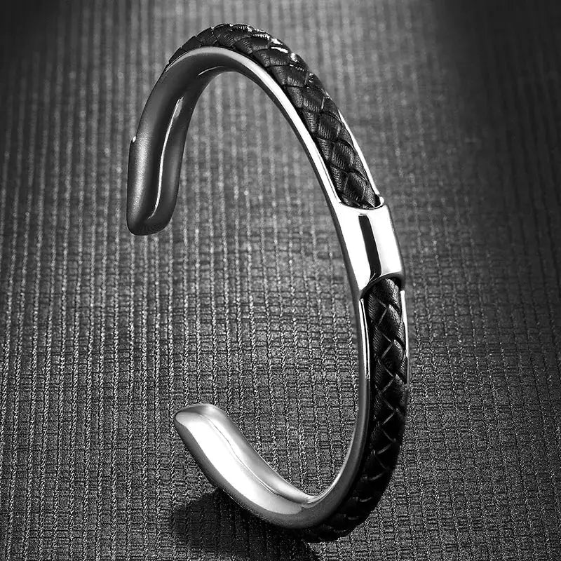 Men’s Leather Titanium Bangle Bracelet