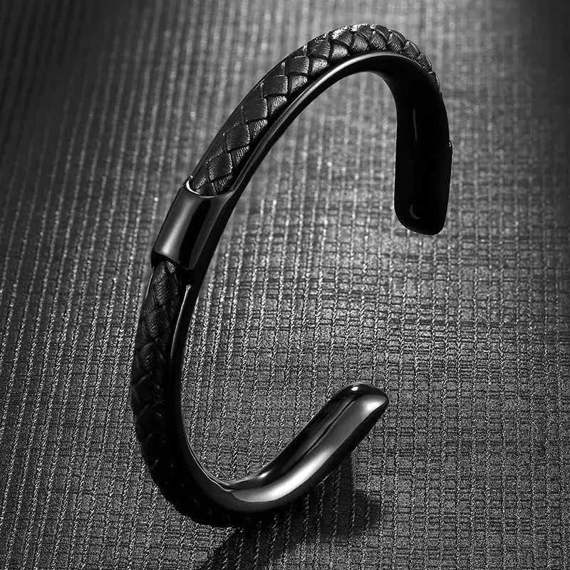 Men’s Leather Titanium Bangle Bracelet