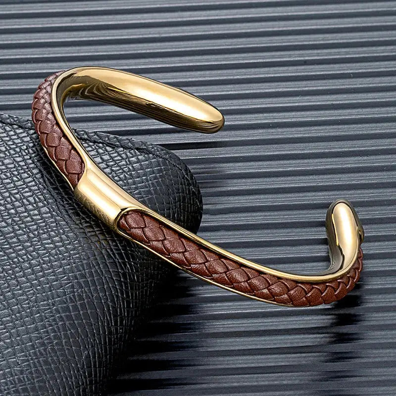 Men’s Leather Titanium Bangle Bracelet